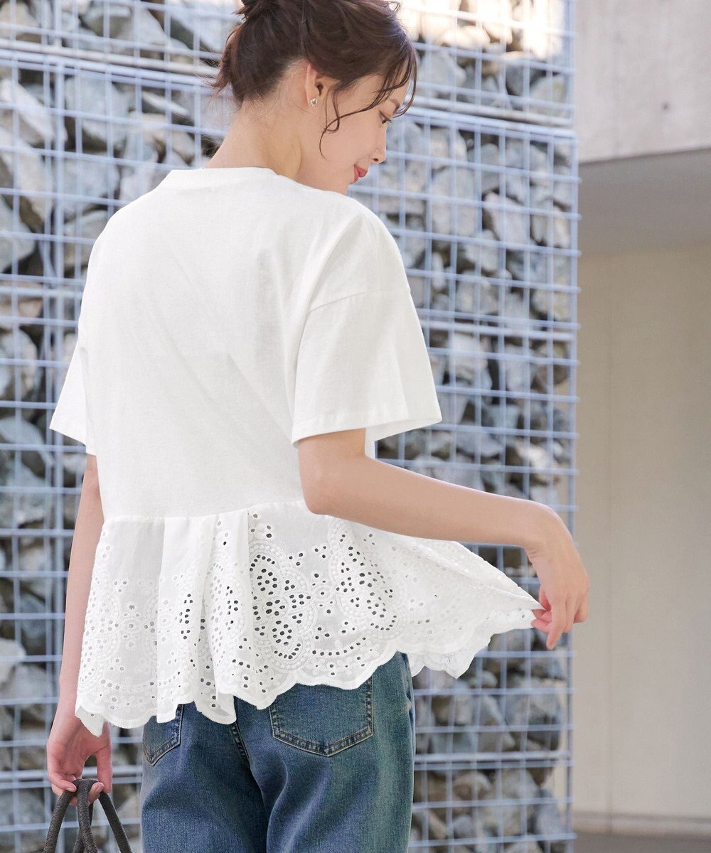 Tiaclasse 【洗える】刺繍レースドッキングカットソートップス 