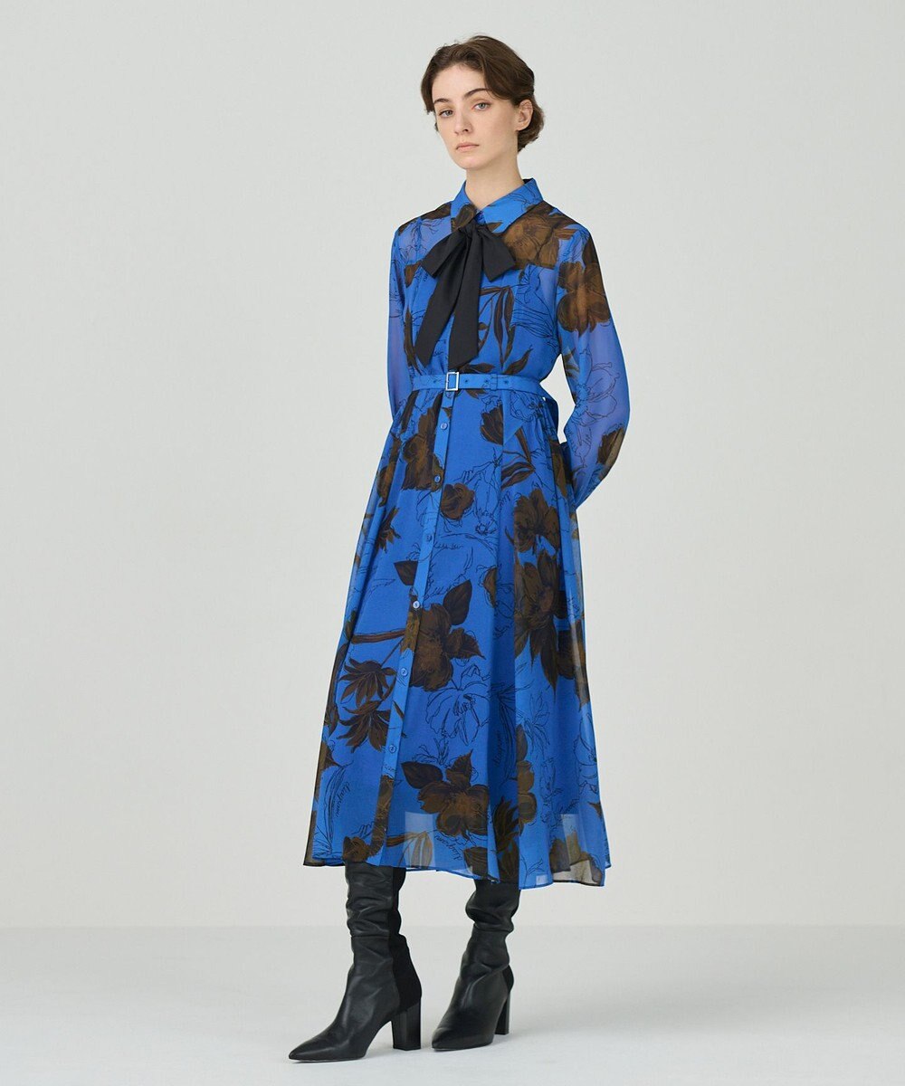 GRACE CONTINENTAL リボン付ロゴフラワープリントワンピース 