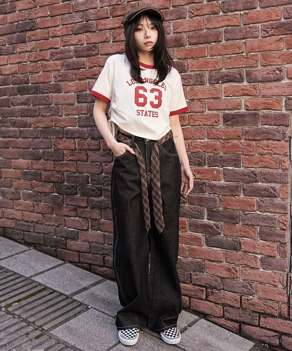 WEGO グラフィックサイドリボンドロストショートT 