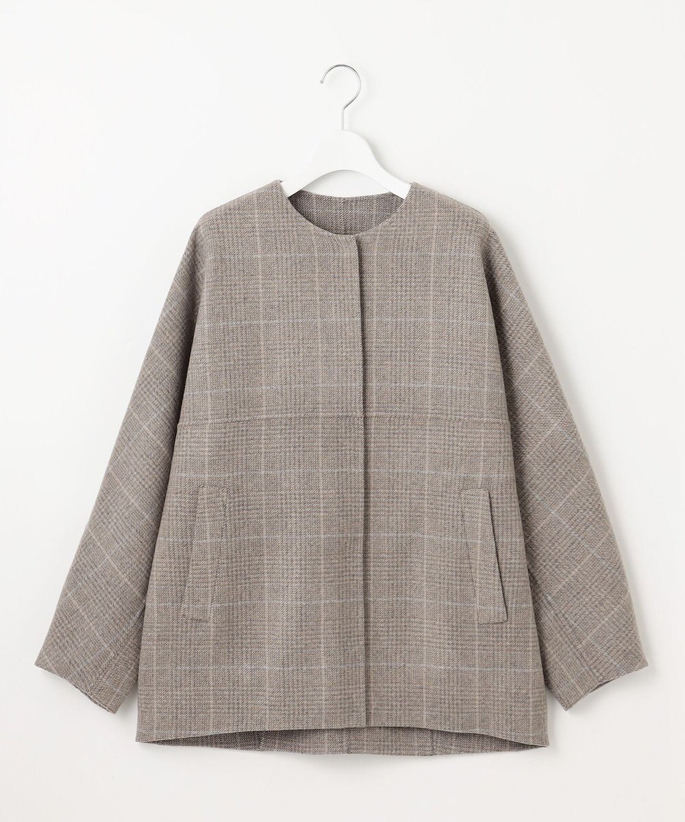自由区 L 【17号サイズまで展開・カタログ掲載】ウールリバーチェック柄ノーカラー コート 