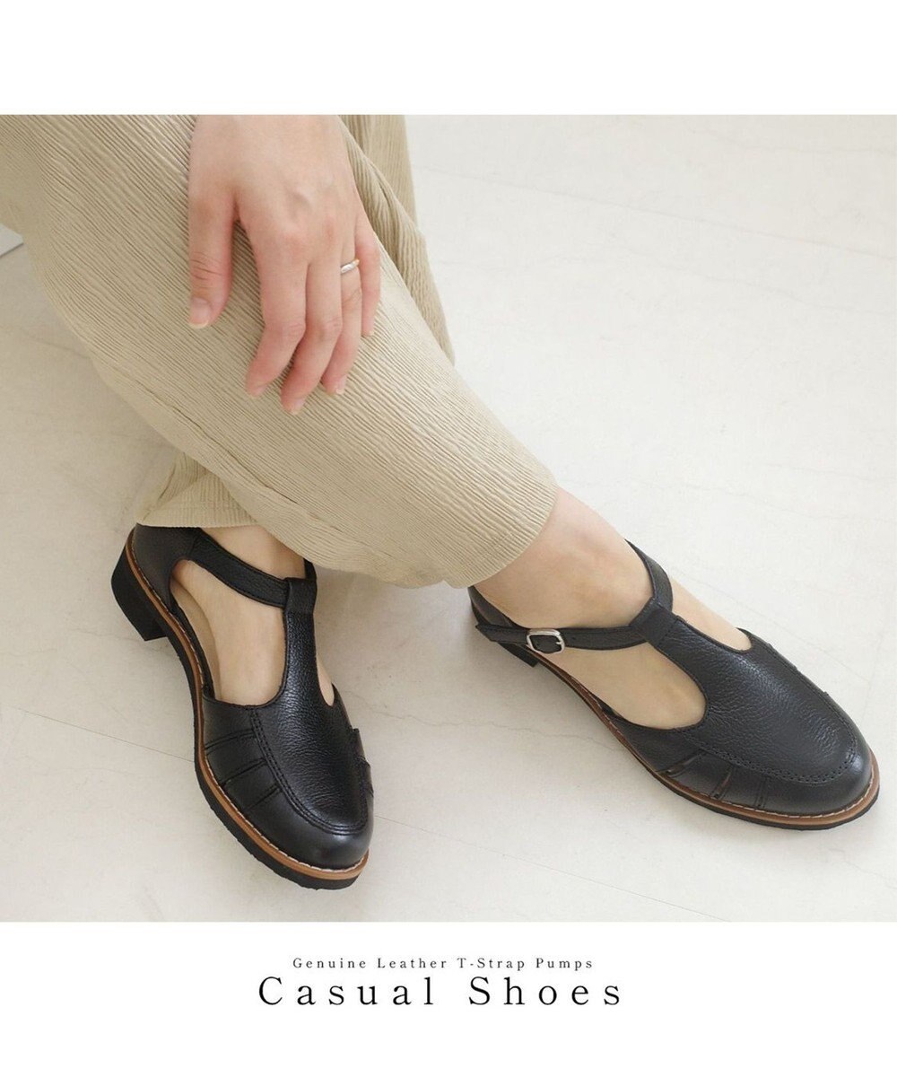 Pointer 本革 通気性Tストラップパンプス 