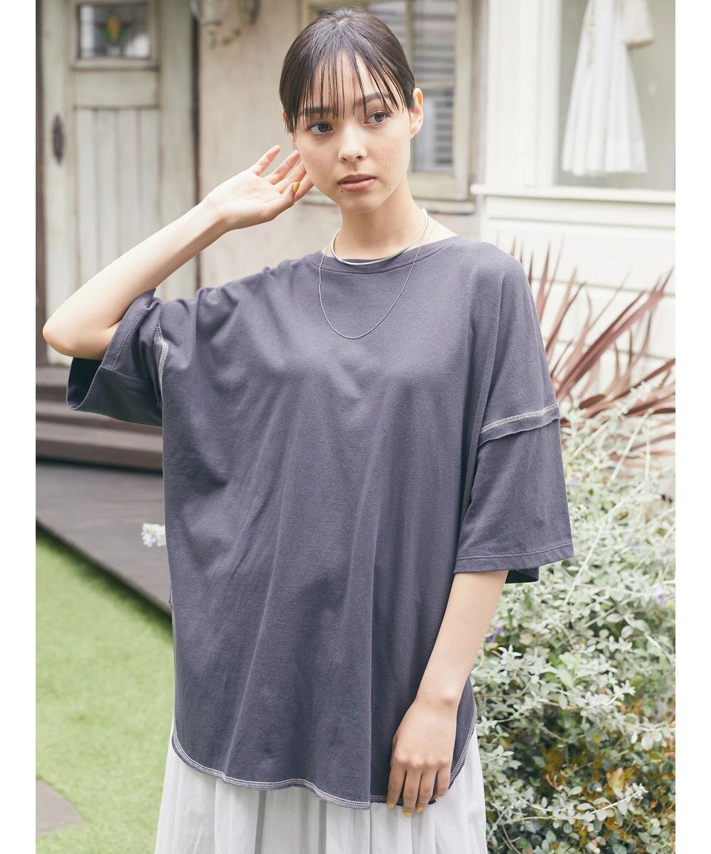 earth music&ecology 配色ステッチチュニックＴ Charcoal Gray