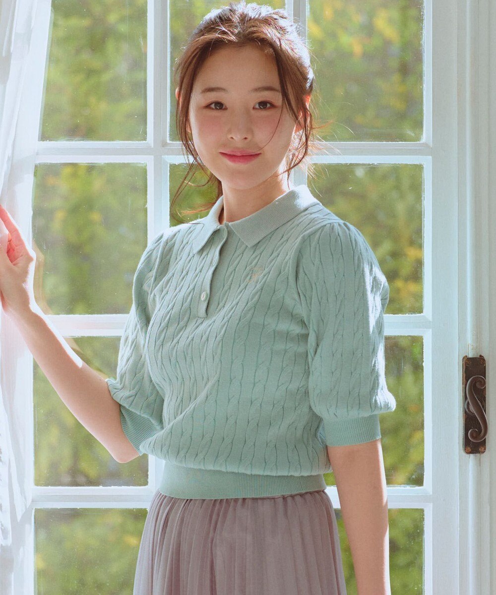 Feroux 胸元刺繍ケーブルポロ ニット 