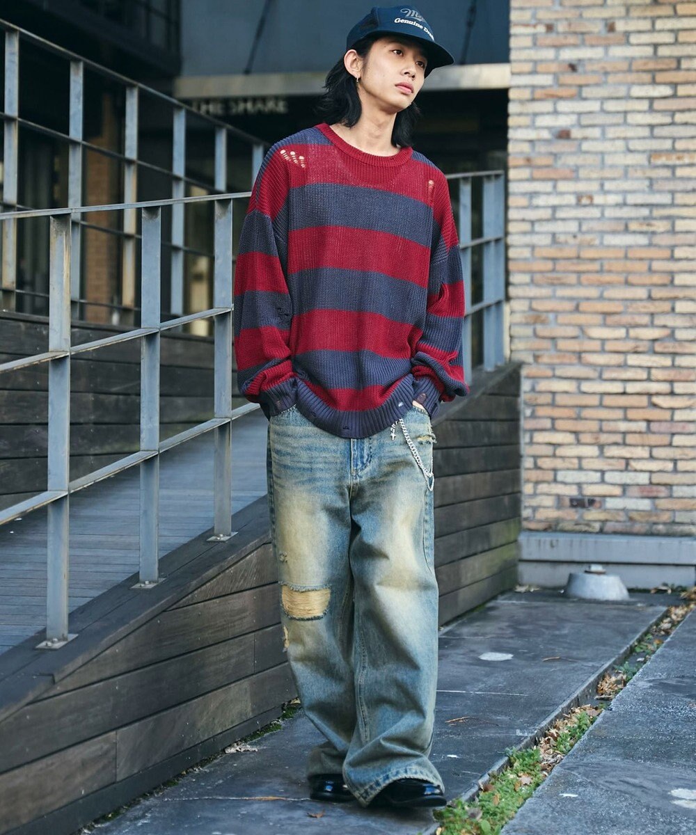 WEGO ボーダーダメージニットプルオーバー 