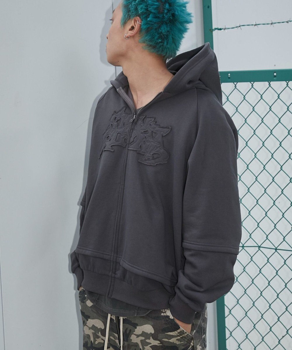 WEGO 【ユニセックス着用ITEM】ダメージアップリケレイヤードZIPパーカー 