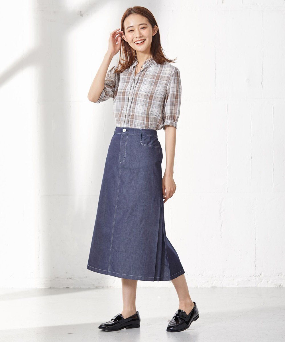 J.PRESS LADIES 【洗える】キュプラチェック フリルスタンドカラー ブラウス 