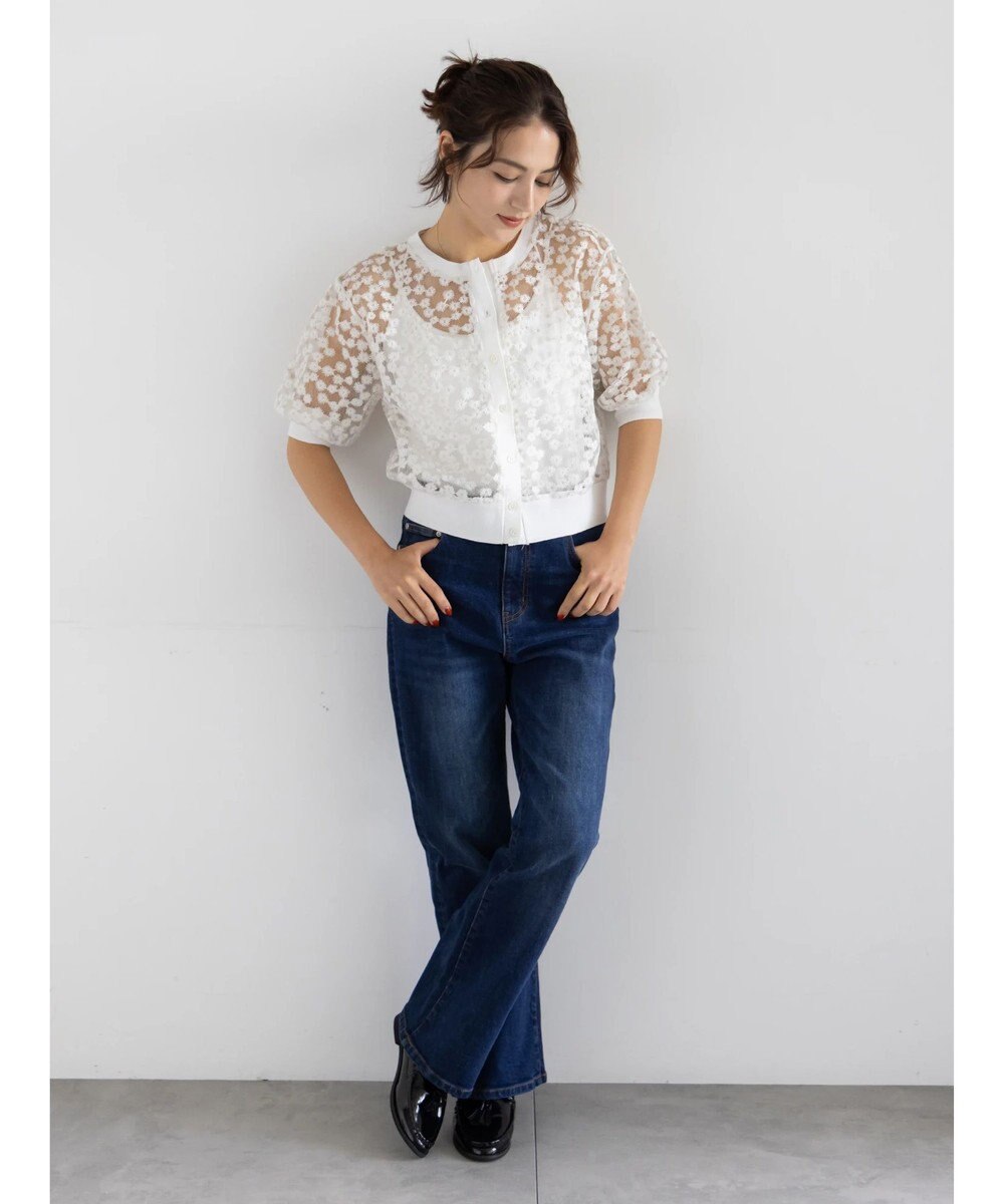 Te chichi エンブロイダリー半袖クルーカーディガン 