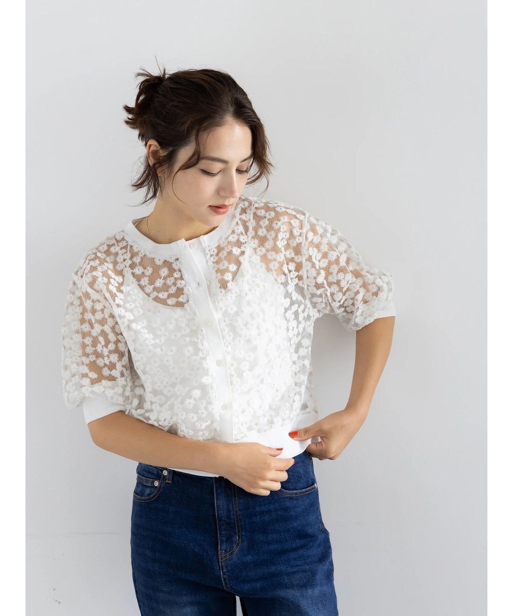 Te chichi エンブロイダリー半袖クルーカーディガン 