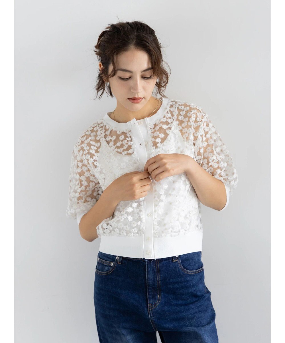 Te chichi エンブロイダリー半袖クルーカーディガン 