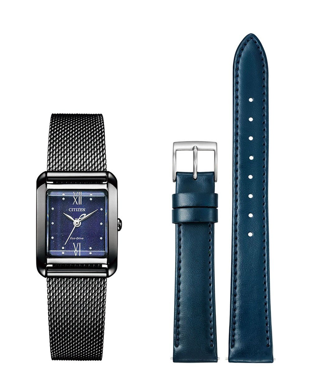 CITIZEN 【光発電エコ・ドライブ】ハンサムなスクエアケース 替えバンド付き ブラック ネイビー 
