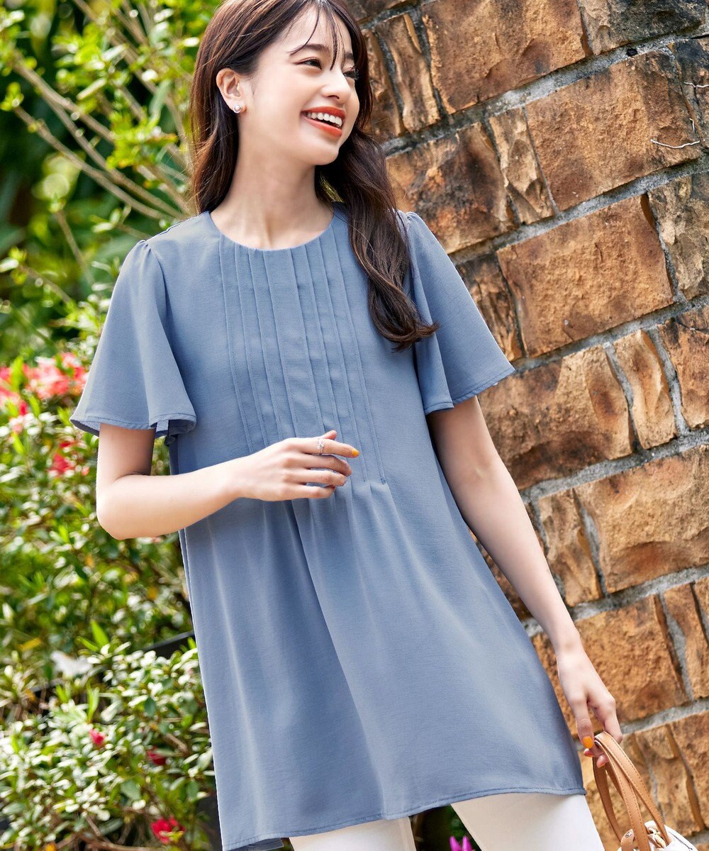 Tiaclasse L 【洗える】麻調ピンタックチュニックブラウス 