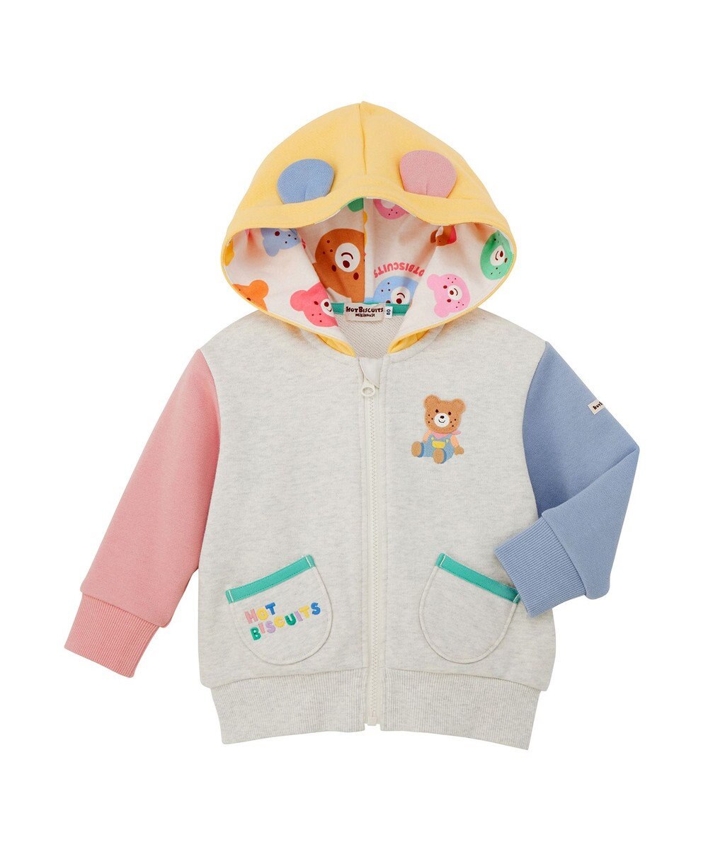 MIKI HOUSE HOT BISCUITS 【80-120cm】マルチカラー 裏毛パイル くまみみパーカー 