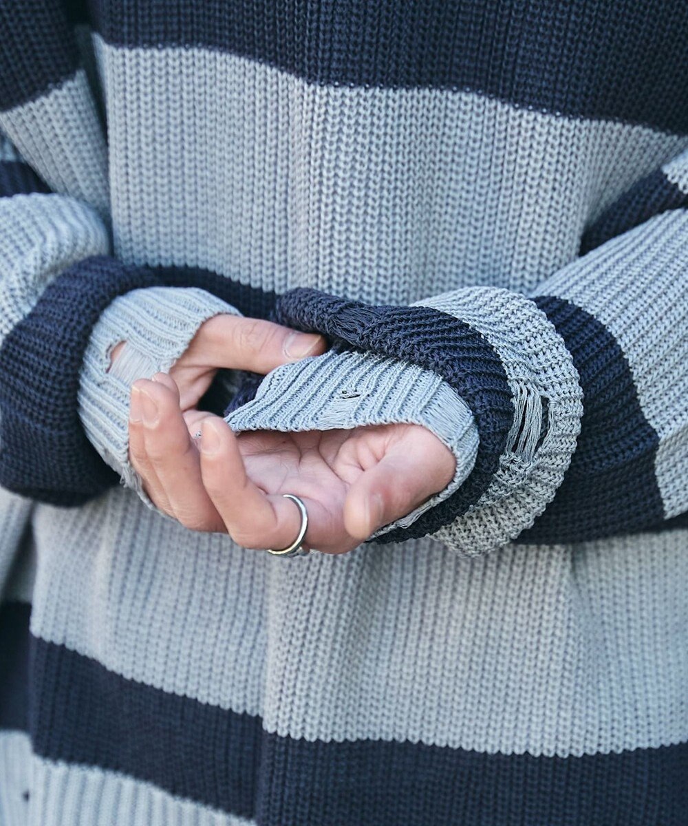 WEGO ボーダーダメージニットプルオーバー 