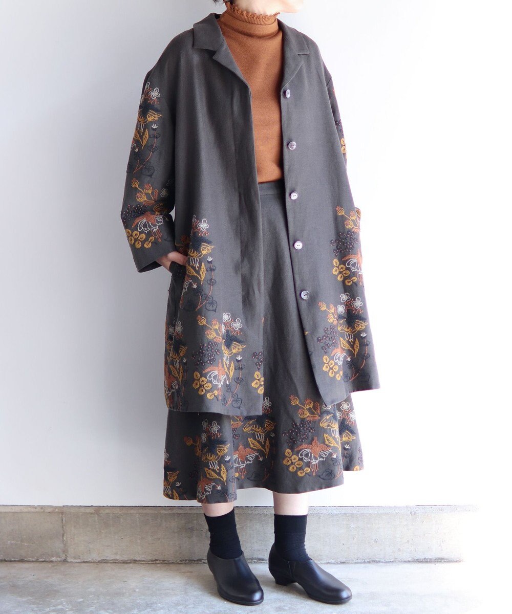 【デシグアル】ファー ウール ブレンド コート 花柄 刺繍 XL相当 黒×グレー