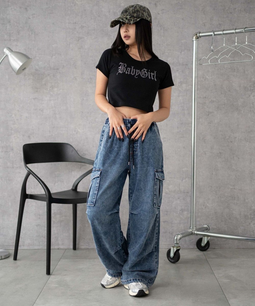 WEGO 【XS～Mサイズ展開/ウエストゴム 】デニムイージーパラシュートカーゴパンツ 