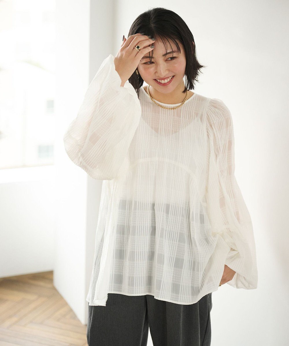 #Newans シアーチェックボリュームブラウス 