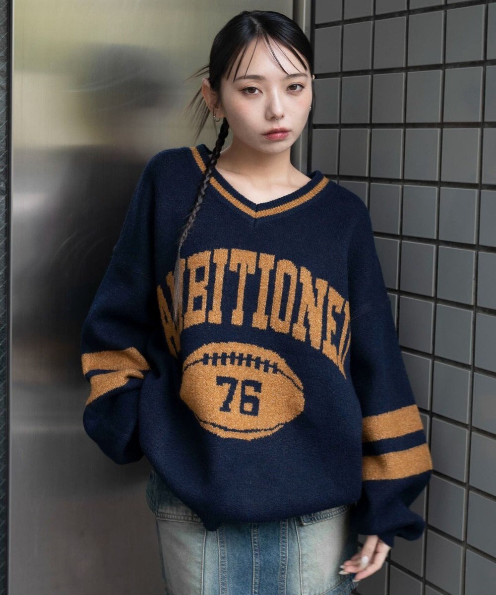 WEGO 【25年秋冬新作】フラッフィーVネックニットBIGプルオーバー 