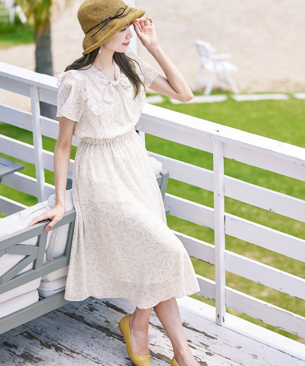 Tiaclasse 【洗える】花柄ボウタイフレアワンピース 