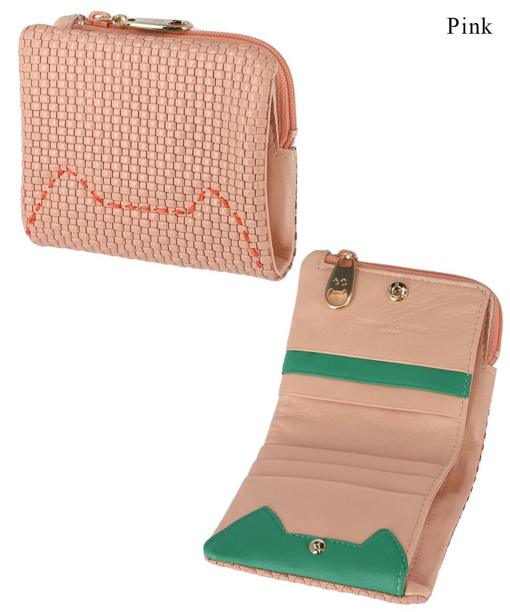 tsumori chisato CARRY エンボスメッシュ 2つ折り財布 スリムタイプ 猫ステッチ 