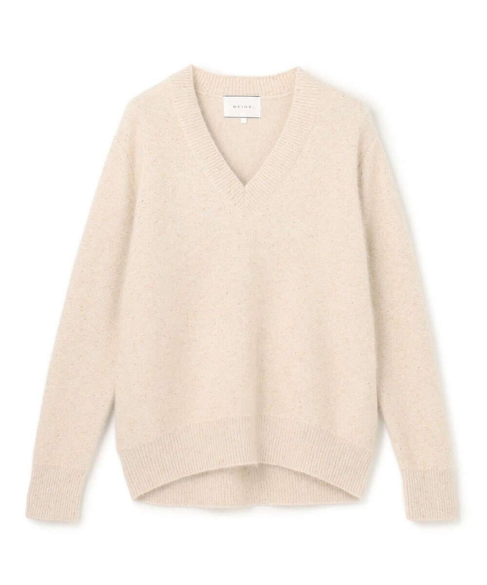 BEIGE， AMARILLO / スパンコールフォックスVネックニット 