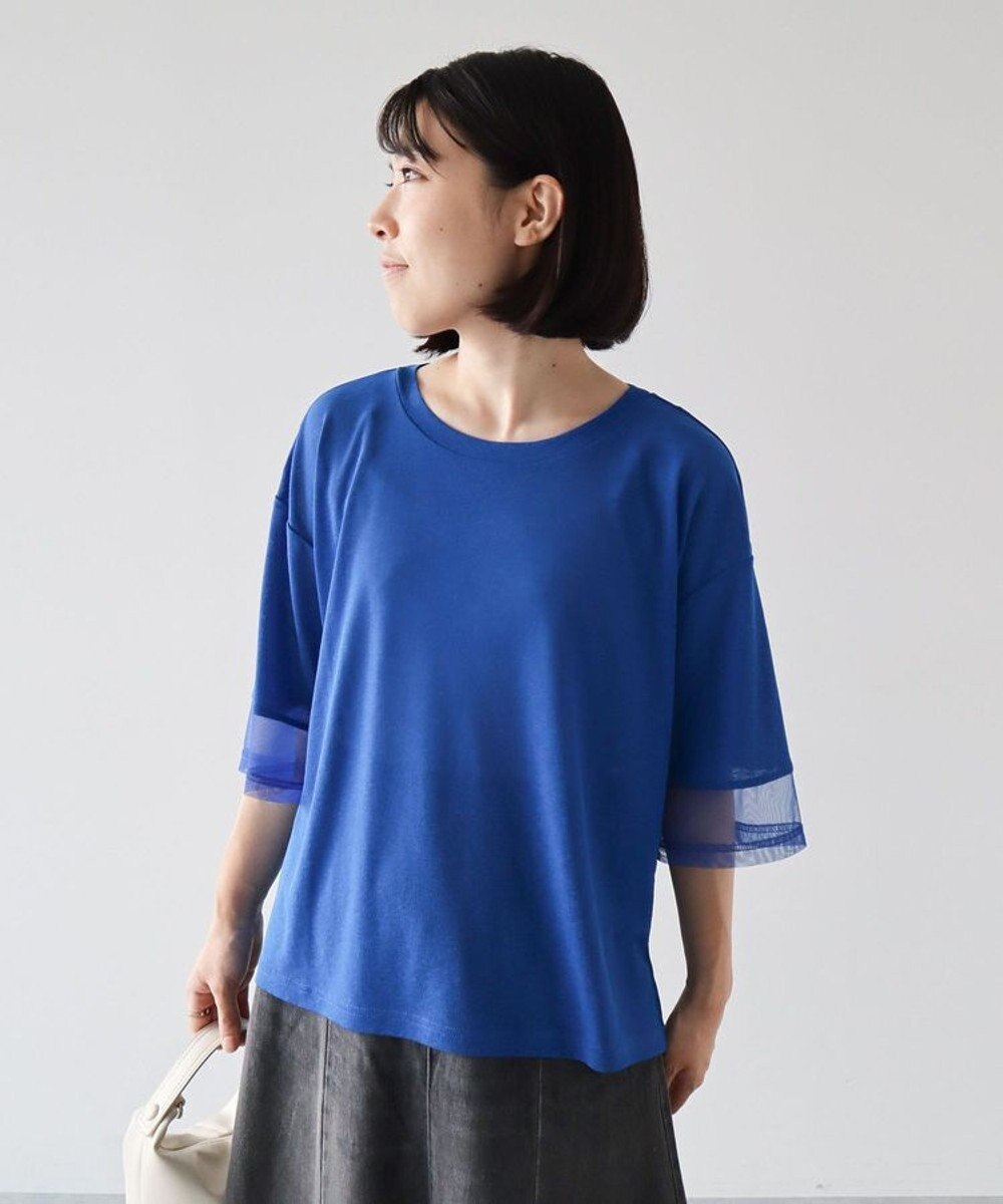 Green Parks 袖チュールドッキングシアー５分袖プルオーバー 