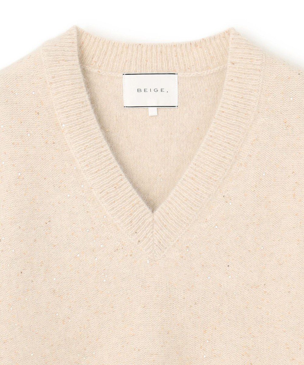 BEIGE， AMARILLO / スパンコールフォックスVネックニット 