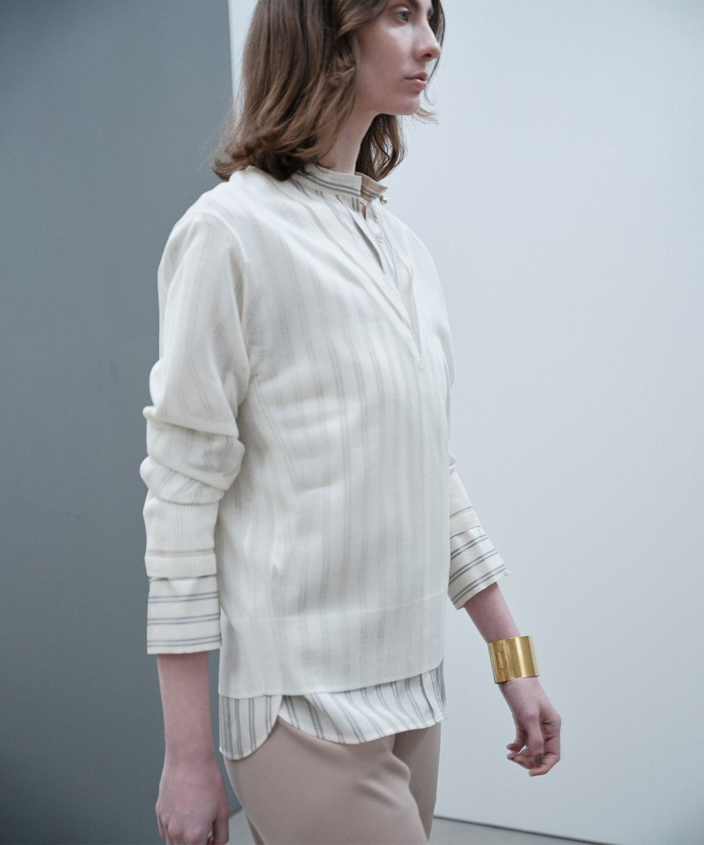 BEIGE， BOWEN / メタル釦ストライプシャツ 