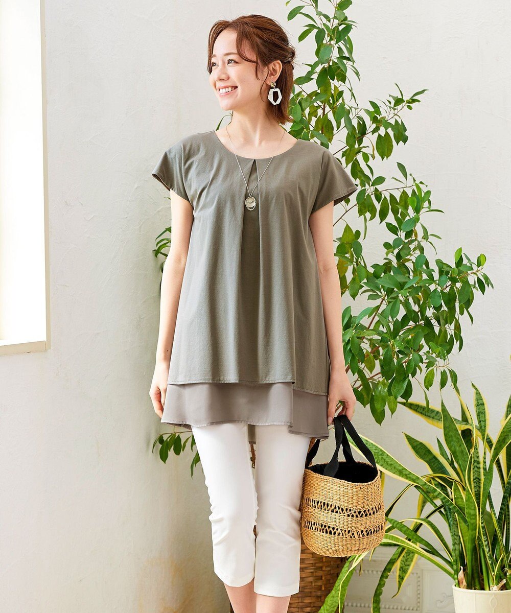 Tiaclasse 【洗える】 異素材を組み合わせたバックシャンカットチュニックブラウス 