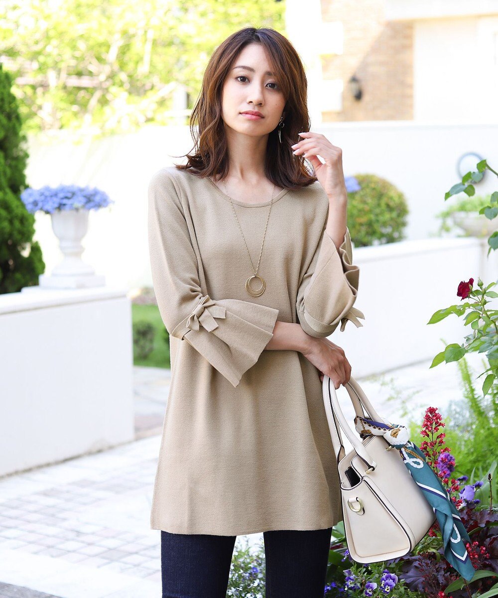 Tiaclasse L 【洗える】ミラノリブ編みのフレア袖ニットチュニック 