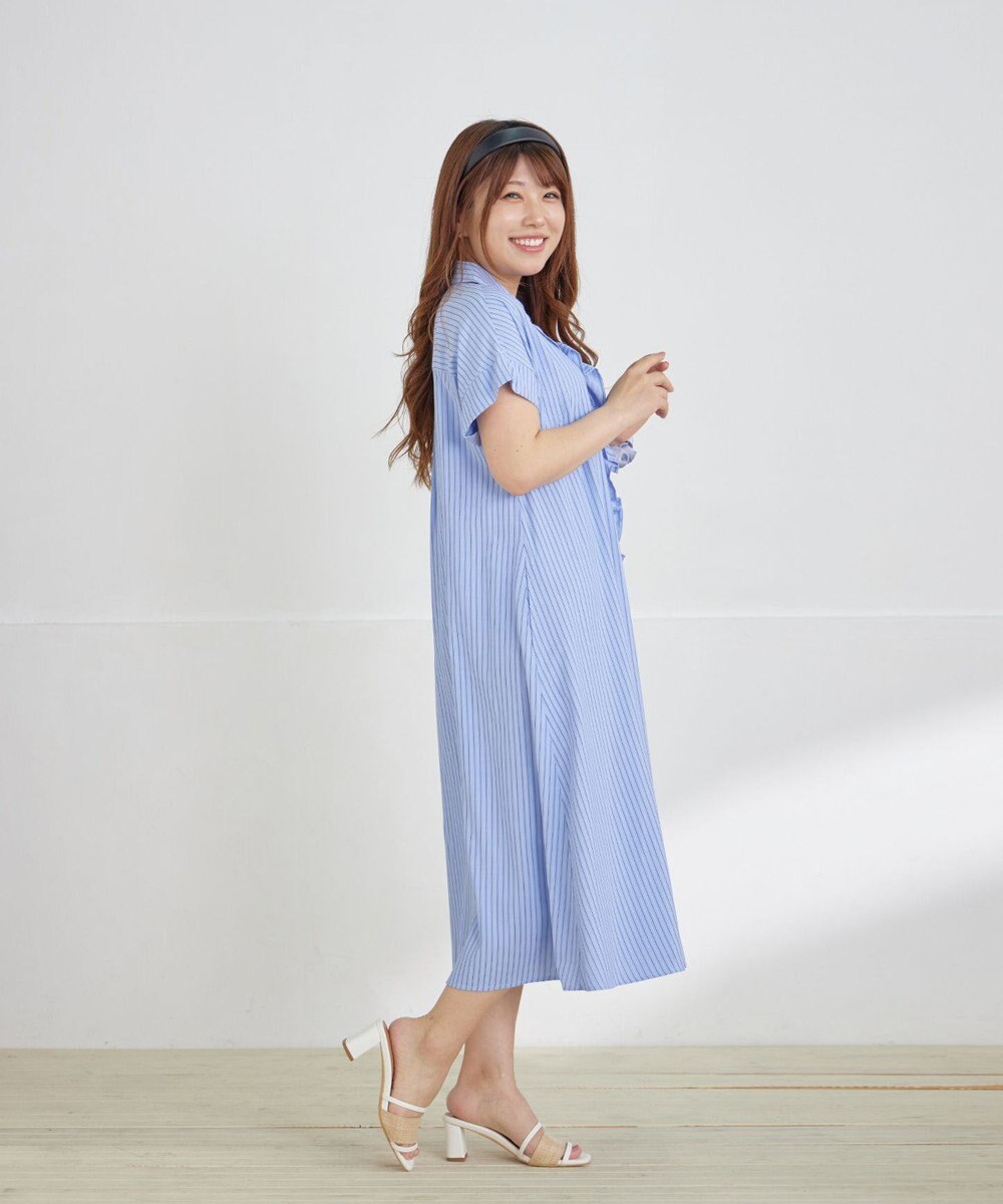 Tiaclasse L 【洗える】ストライプフリルシャツワンピース 