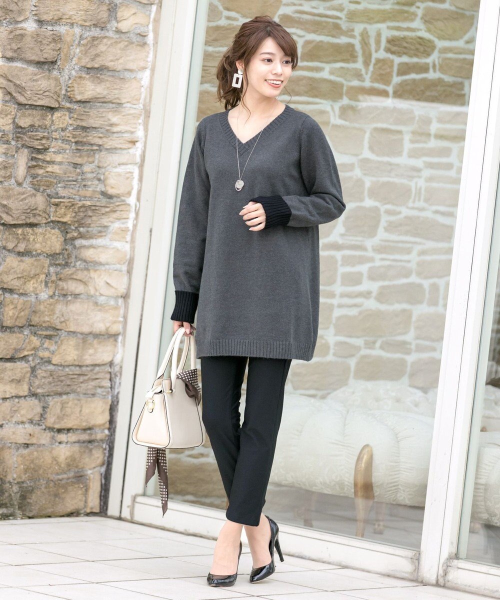 Tiaclasse L 【洗える】幅広く活躍が期待できるVネックリブニットチュニック 