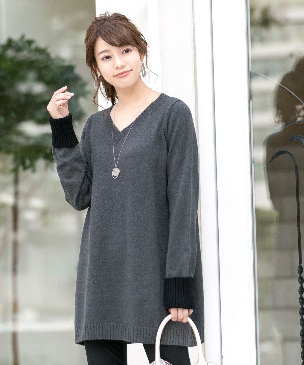 Tiaclasse L 【洗える】幅広く活躍が期待できるVネックリブニットチュニック 