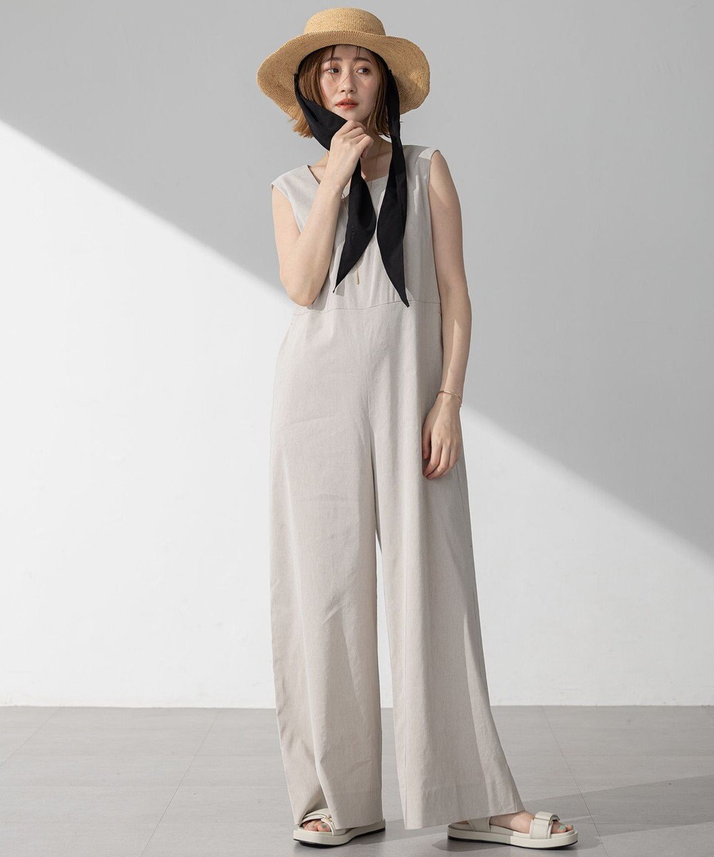 23区 S 【洗える】リネンレーヨンストレッチ スクエアネック オールインワン 