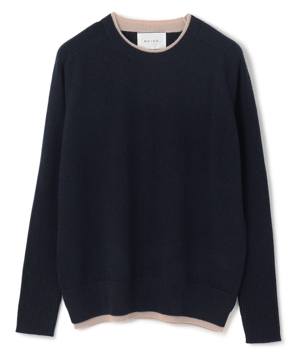 BEIGE， 【洗える】POMPE / ウールカシミヤ配色リブクルーネック 