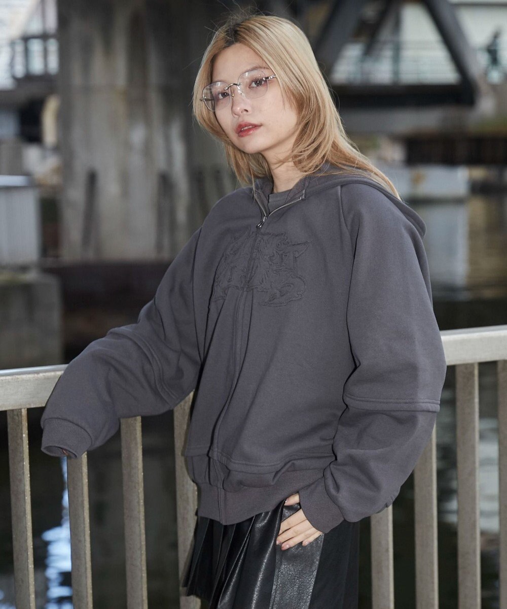 WEGO 【ユニセックス着用ITEM】ダメージアップリケレイヤードZIPパーカー 