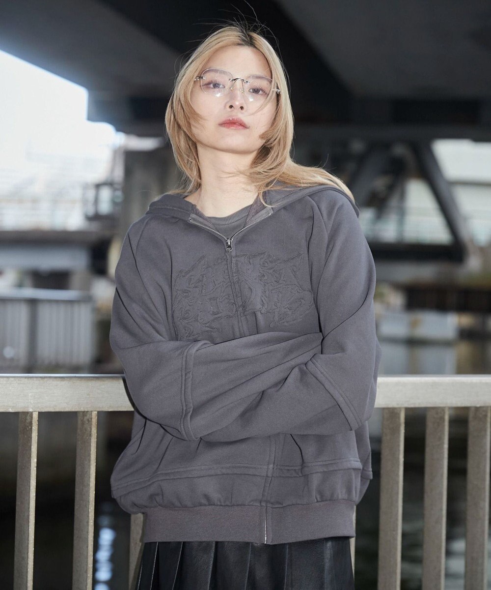 WEGO 【ユニセックス着用ITEM】ダメージアップリケレイヤードZIPパーカー 