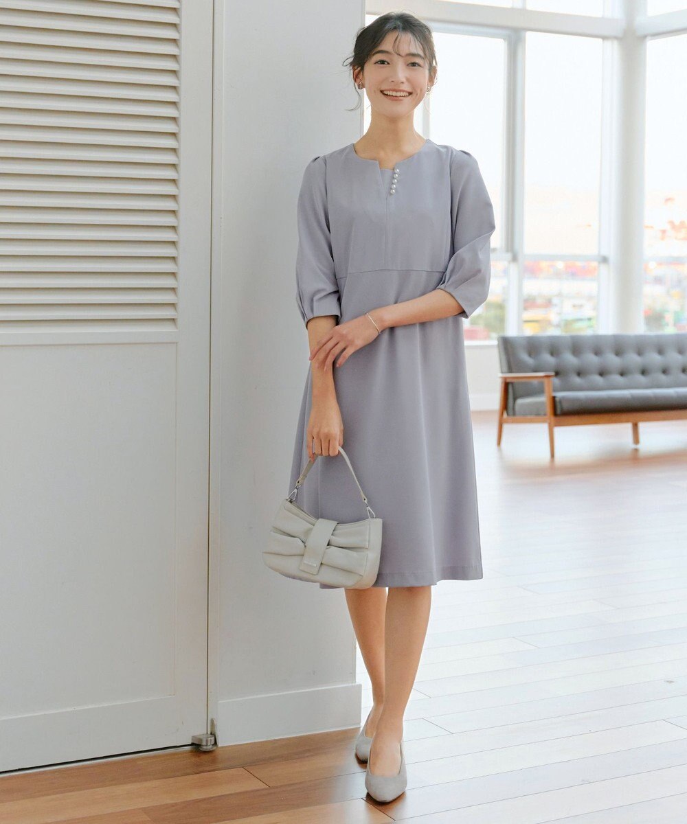 Tiaclasse L 【洗える】パール付きタックスリーブワンピース 