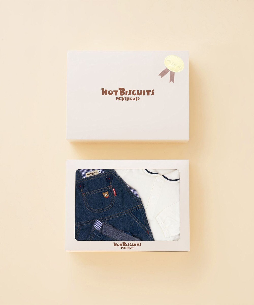 MIKI HOUSE HOT BISCUITS ワンポイントデニムオーバーオール＆セーラーカラー長袖Tシャツギフトセット【BOX付き】 