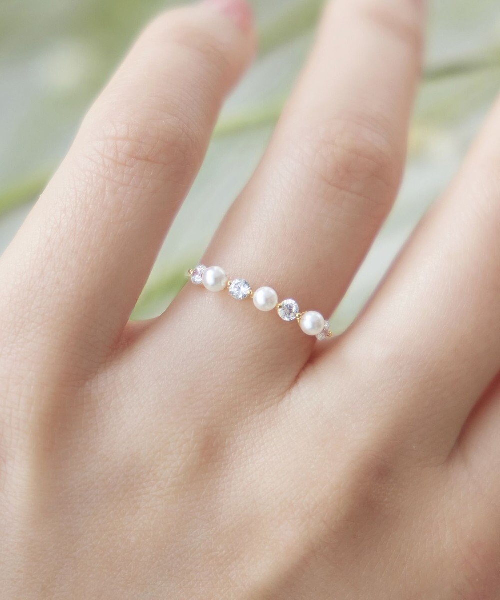 Tiaclasse 3粒パール&ストーンリング 