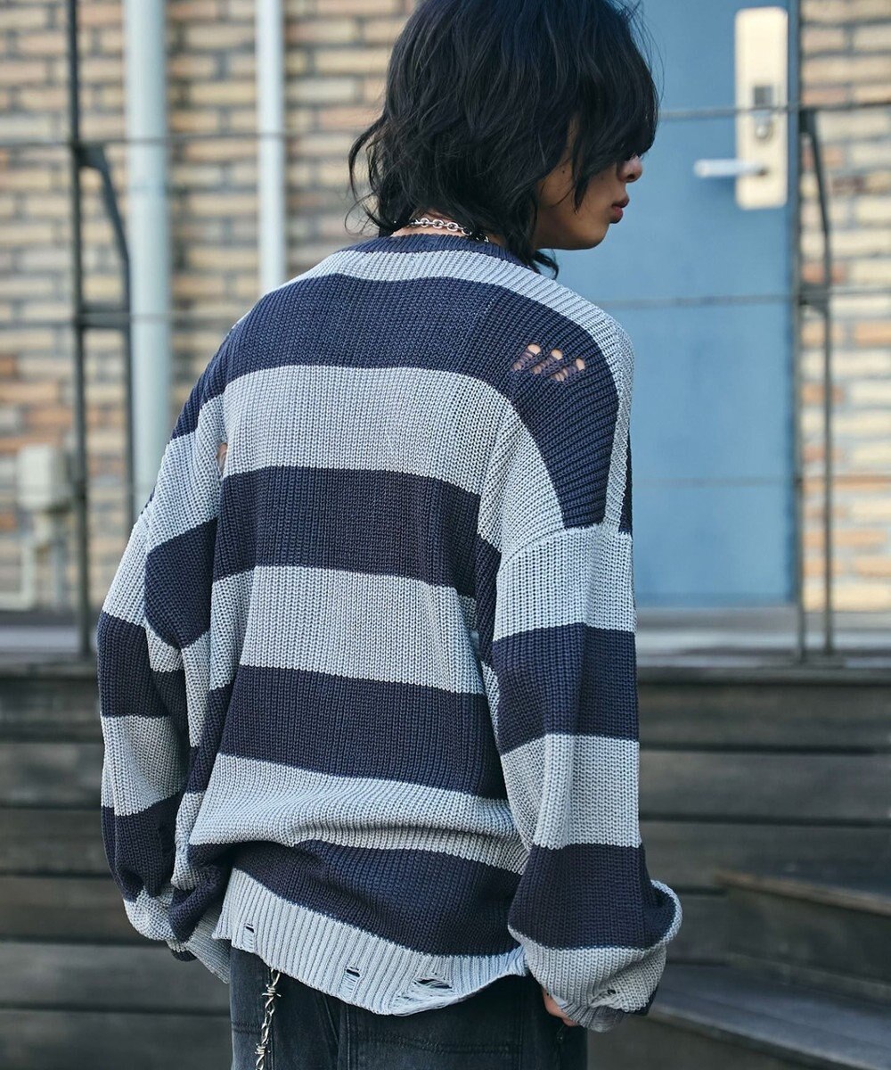 WEGO ボーダーダメージニットプルオーバー 