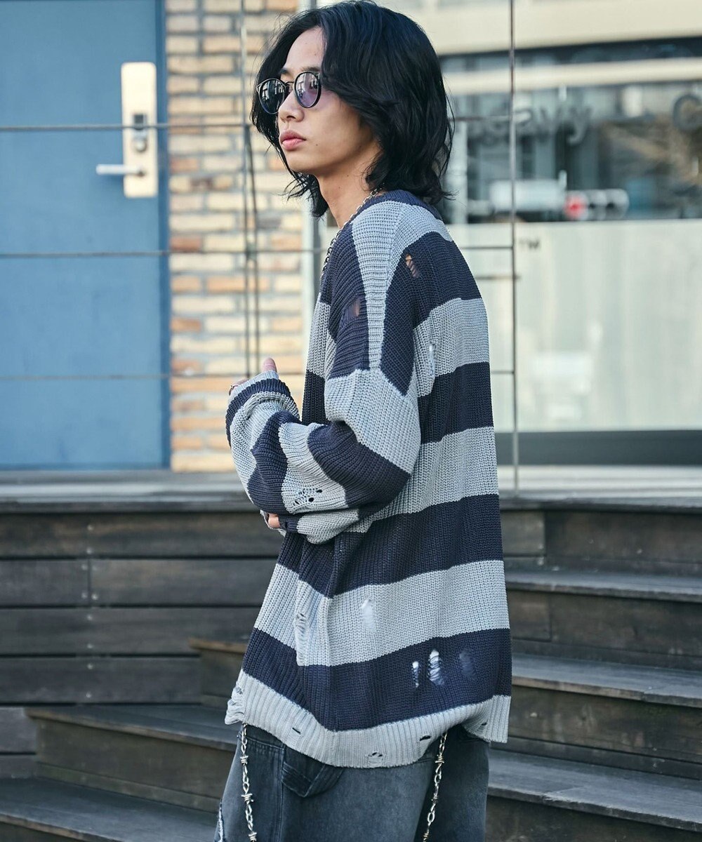 WEGO ボーダーダメージニットプルオーバー 