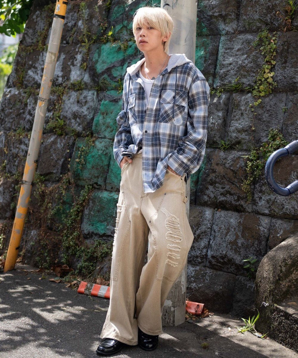 WEGO 【25年秋冬新作/ユニセックス着用ITEM/MLサイズ展開】オンブレチェックフードネルシャツ（LS） 