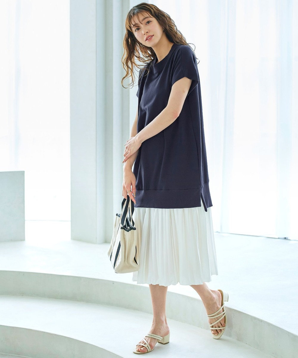 Tiaclasse 【洗える】裏毛プリーツコンビワンピース 