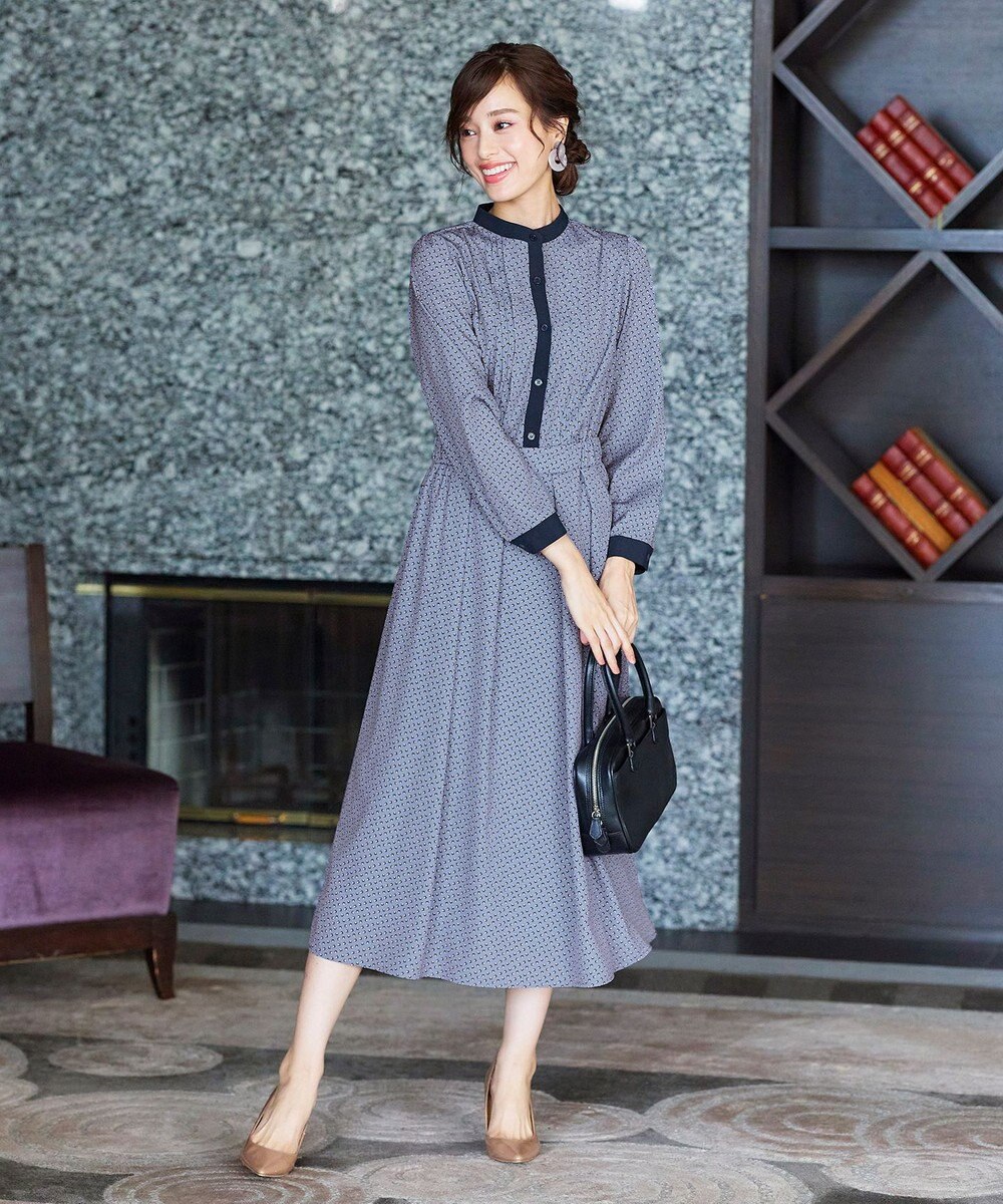 Tiaclasse 【新色追加・洗える】配色バンドカラー幾何学柄ワンピース 