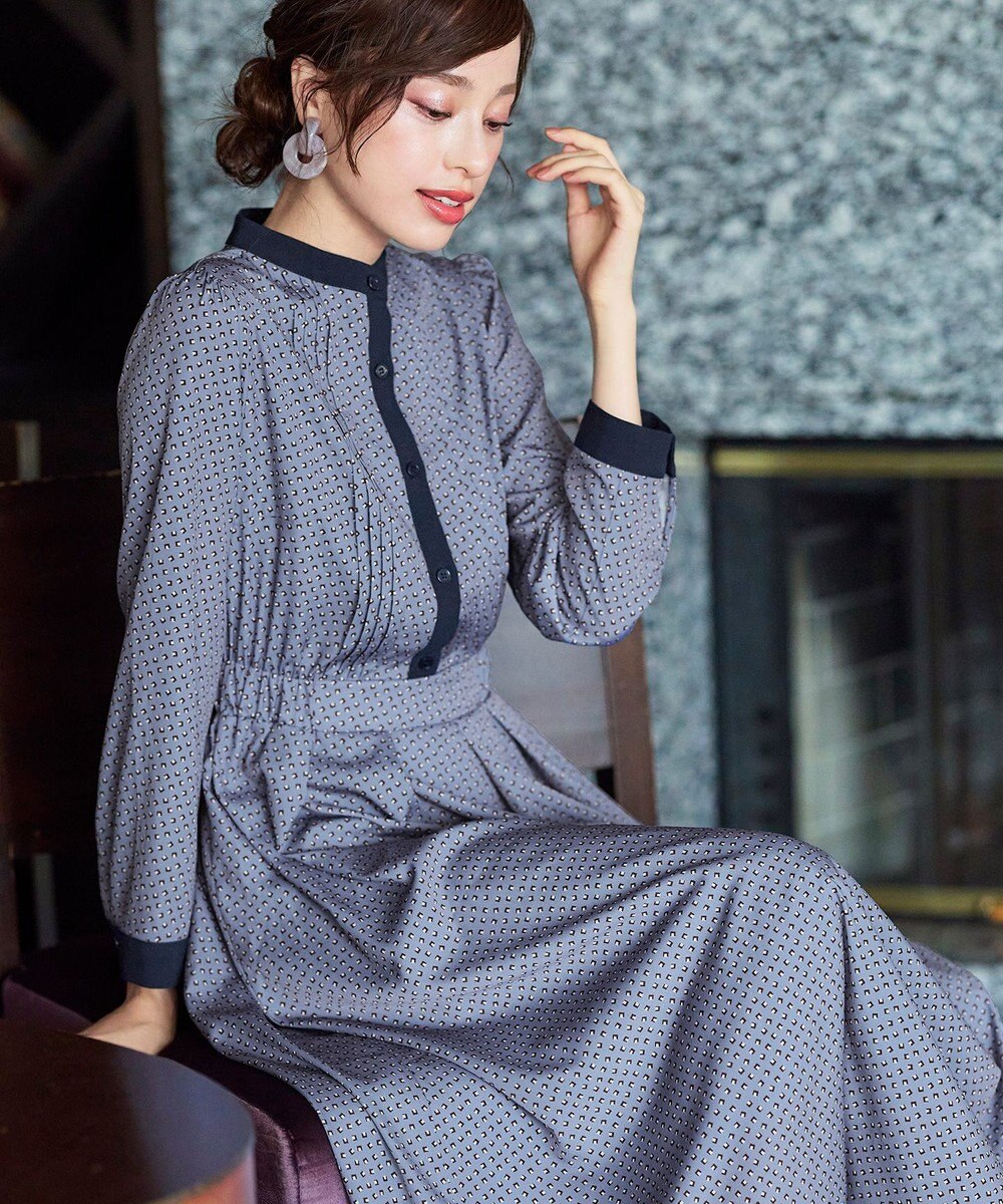 Tiaclasse 【新色追加・洗える】配色バンドカラー幾何学柄ワンピース 