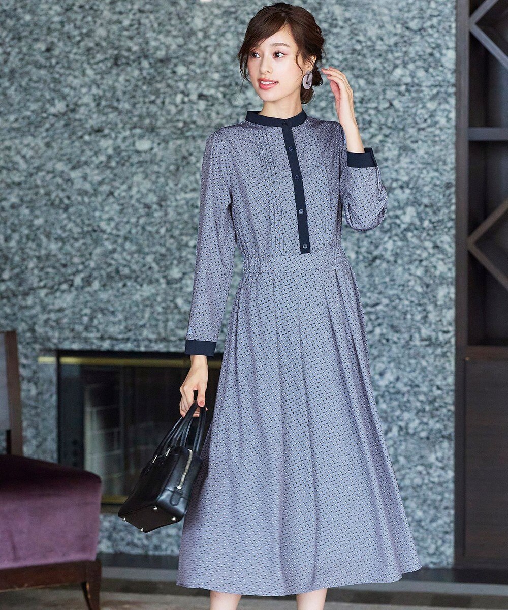 Tiaclasse 【新色追加・洗える】配色バンドカラー幾何学柄ワンピース 