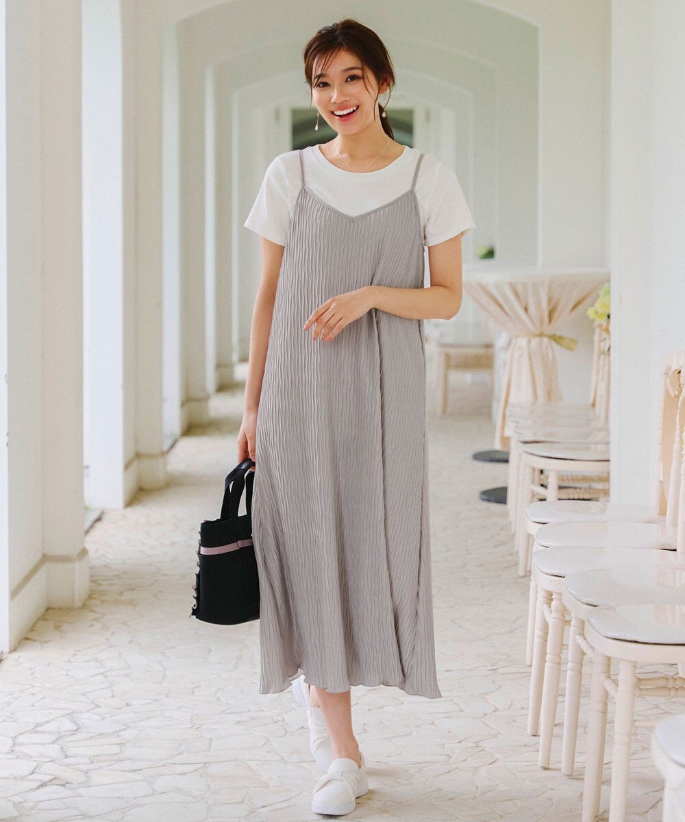 2点セット・洗える】変形プリーツキャミワンピース＆Tシャツ  