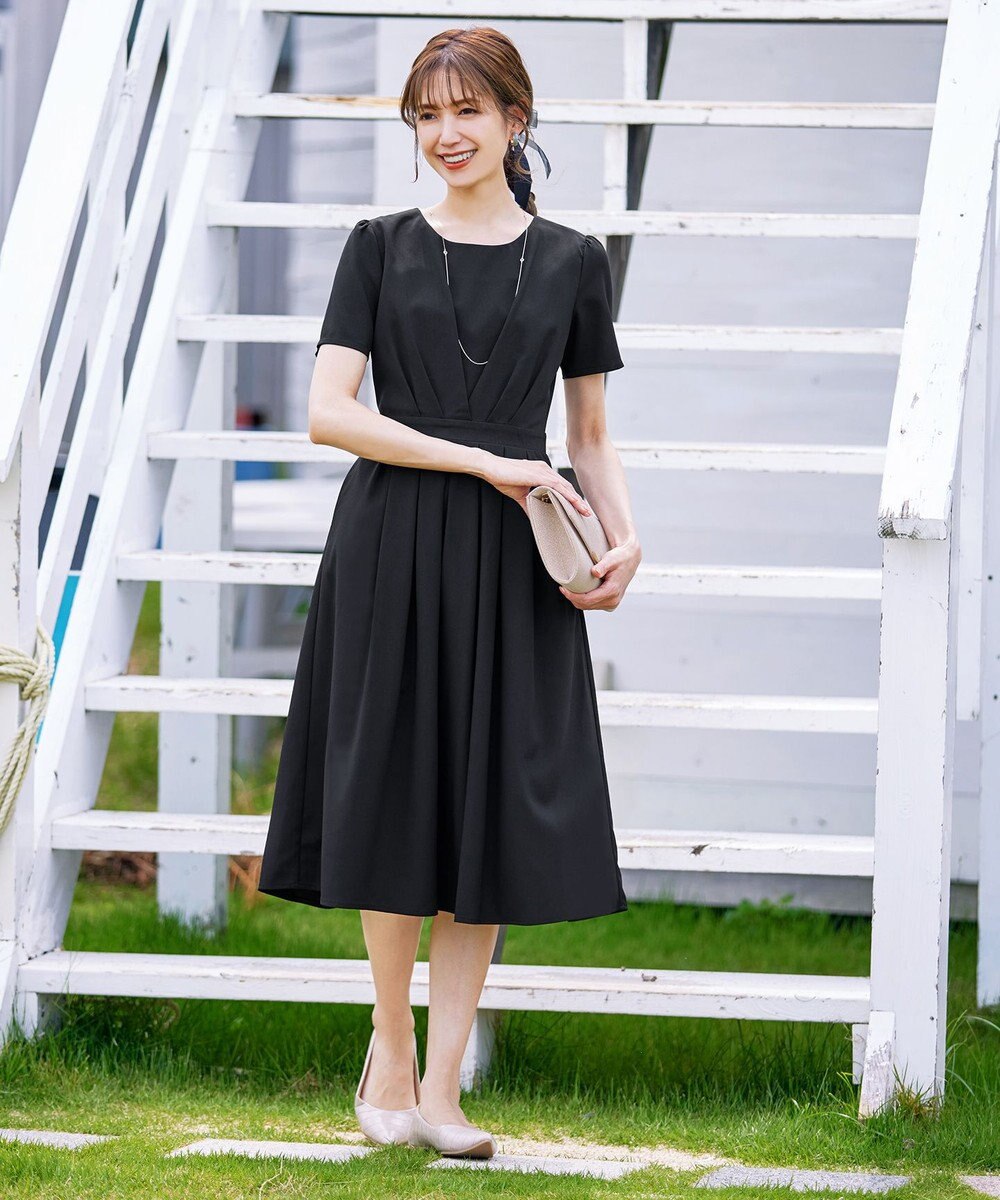 Tiaclasse L 【2TYPEスリーブ/半袖・ノースリーブ・洗える】タックフレアワンピース 