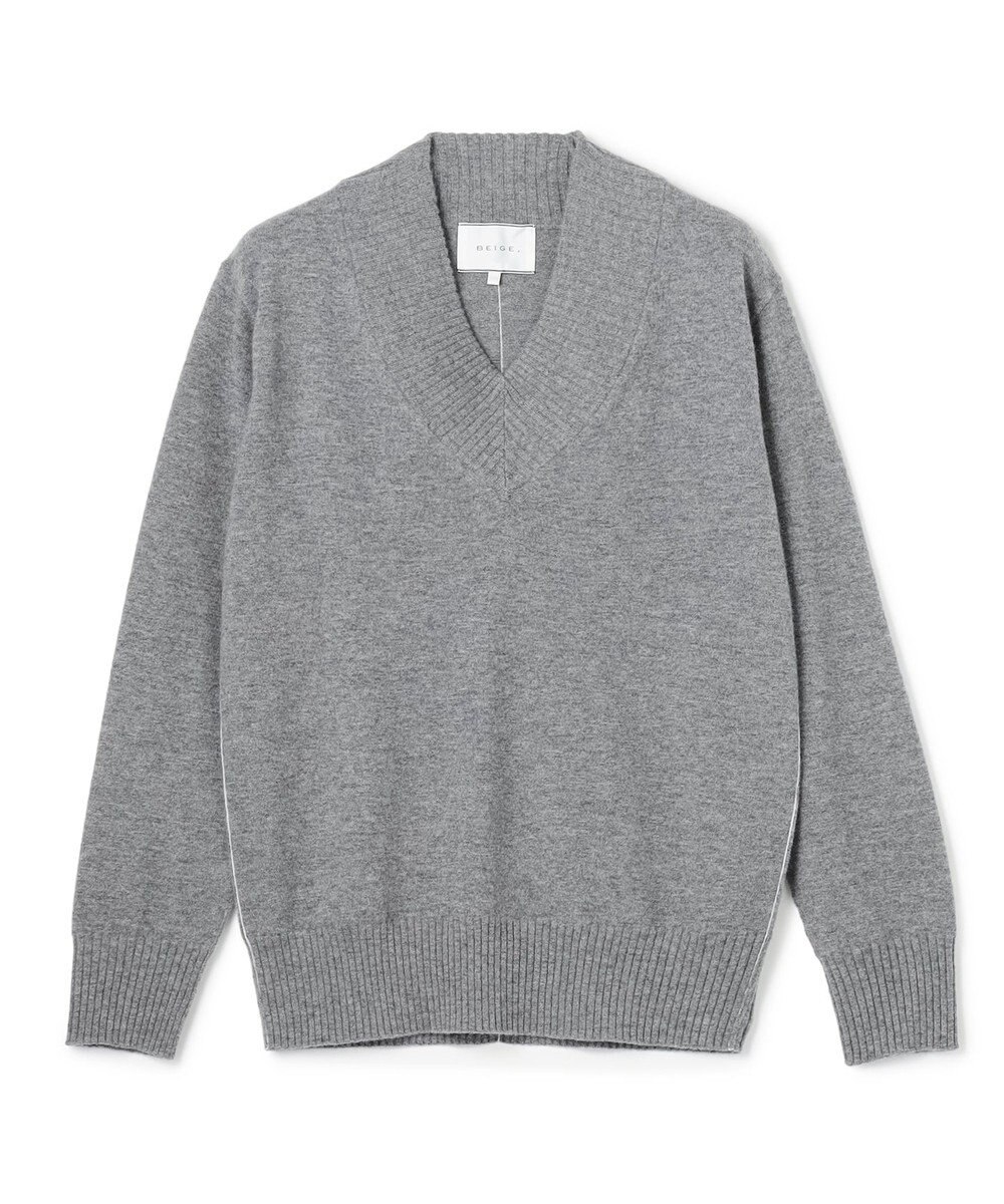 BEIGE， 【洗える】POMPE / ウールカシミヤ配色ラインVネックニット 