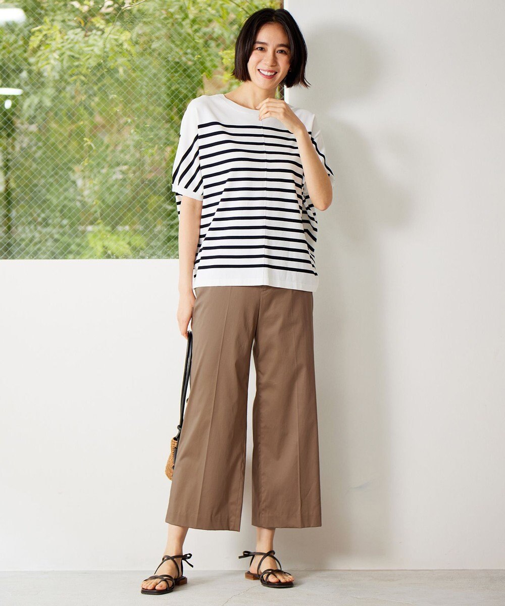 自由区 L 【接触冷感・洗える】コットンサテンストレッチクロップド丈ワイド パンツ 